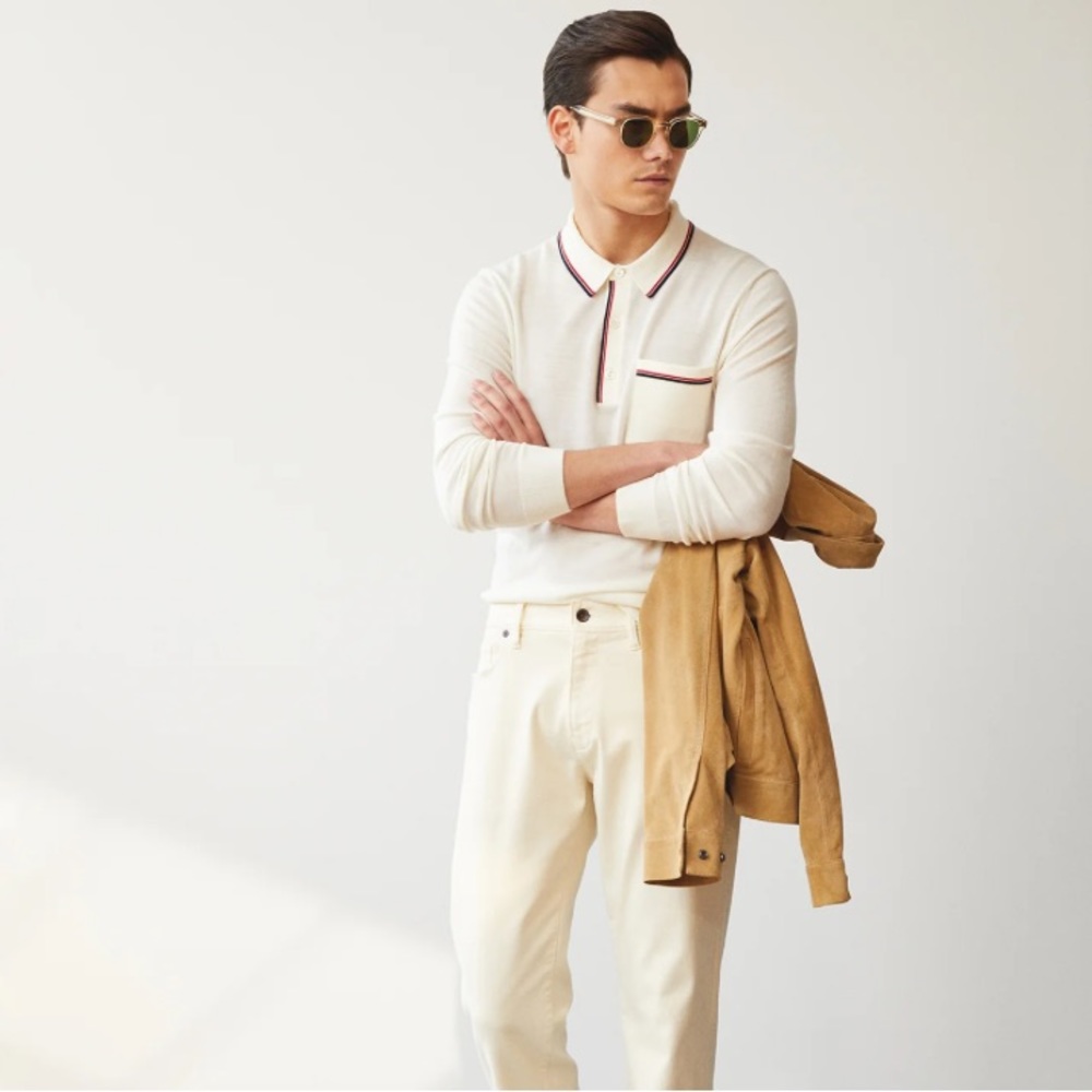 Todd Snyder LONG-SLEEVE MERINO TIPPED POLO IN SOFT SPRUCE